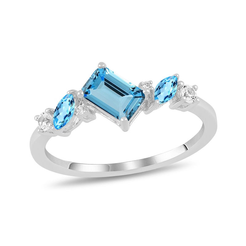 Main Image 1 of Emerald and Marquise-Cut Swiss Blue Topaz with White Lab-Created Sapphire Ring in Sterling Silver