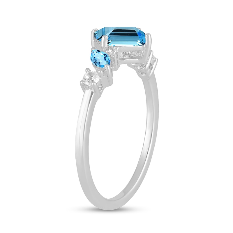 Main Image 2 of Emerald and Marquise-Cut Swiss Blue Topaz with White Lab-Created Sapphire Ring in Sterling Silver