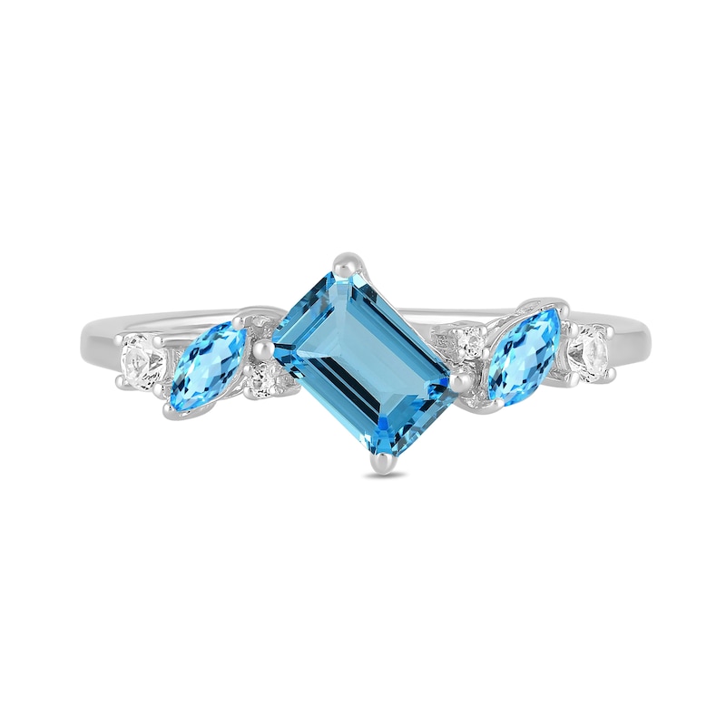 Main Image 3 of Emerald and Marquise-Cut Swiss Blue Topaz with White Lab-Created Sapphire Ring in Sterling Silver