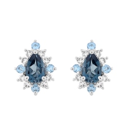 Pear-Shaped London Blue Topaz, Swiss Blue Topaz and White Topaz Sunburst Stud Earrings in Sterling Silver