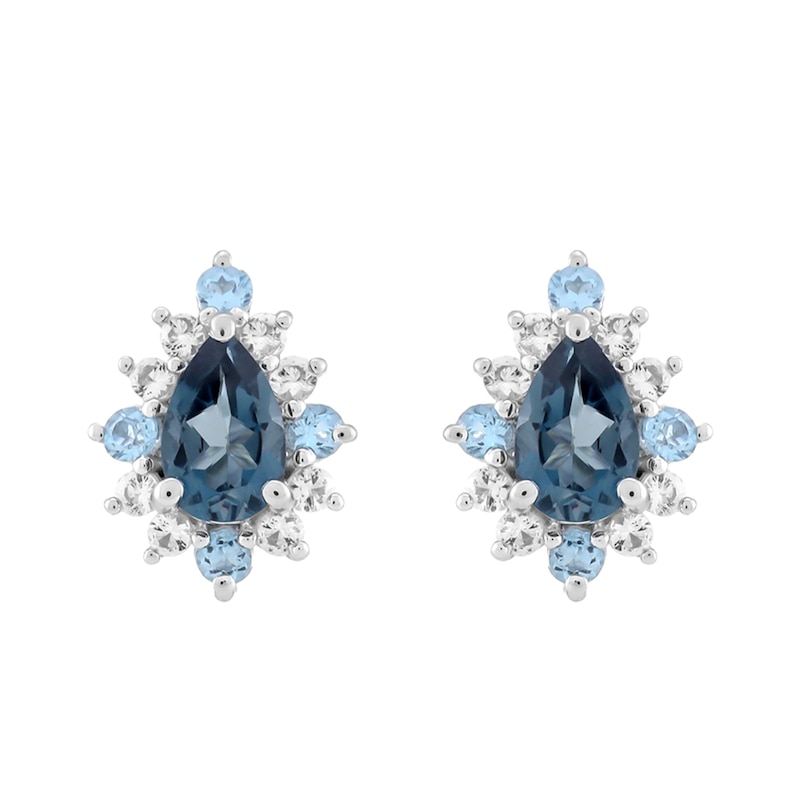Main Image 1 of Pear-Shaped London Blue Topaz, Swiss Blue Topaz and White Topaz Sunburst Stud Earrings in Sterling Silver