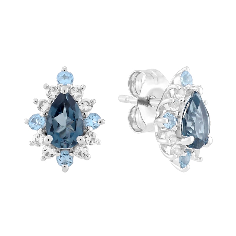 Main Image 2 of Pear-Shaped London Blue Topaz, Swiss Blue Topaz and White Topaz Sunburst Stud Earrings in Sterling Silver