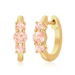 Morganite Three-Stone Huggie Hoop Earrings in Sterling Silver with 10K Gold Plate