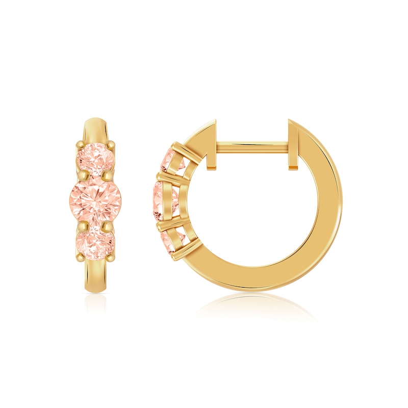 Main Image 2 of Morganite Three-Stone Huggie Hoop Earrings in Sterling Silver with 10K Gold Plate