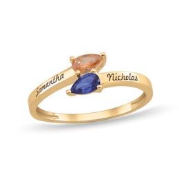 Couple’s Pear-Shaped Birthstone Engravable Bypass Ring (2 Stones and 2 Names)