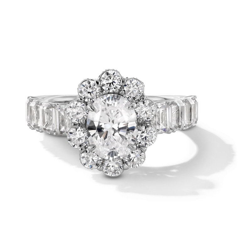 Main Image 1 of 4 CT. T.W. Oval Certified Lab-Grown Diamond Flower Frame Engagement Ring in 14K White Gold (F/VS2)