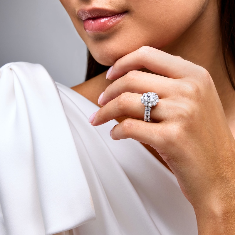 Main Image 2 of 4 CT. T.W. Oval Certified Lab-Grown Diamond Flower Frame Engagement Ring in 14K White Gold (F/VS2)