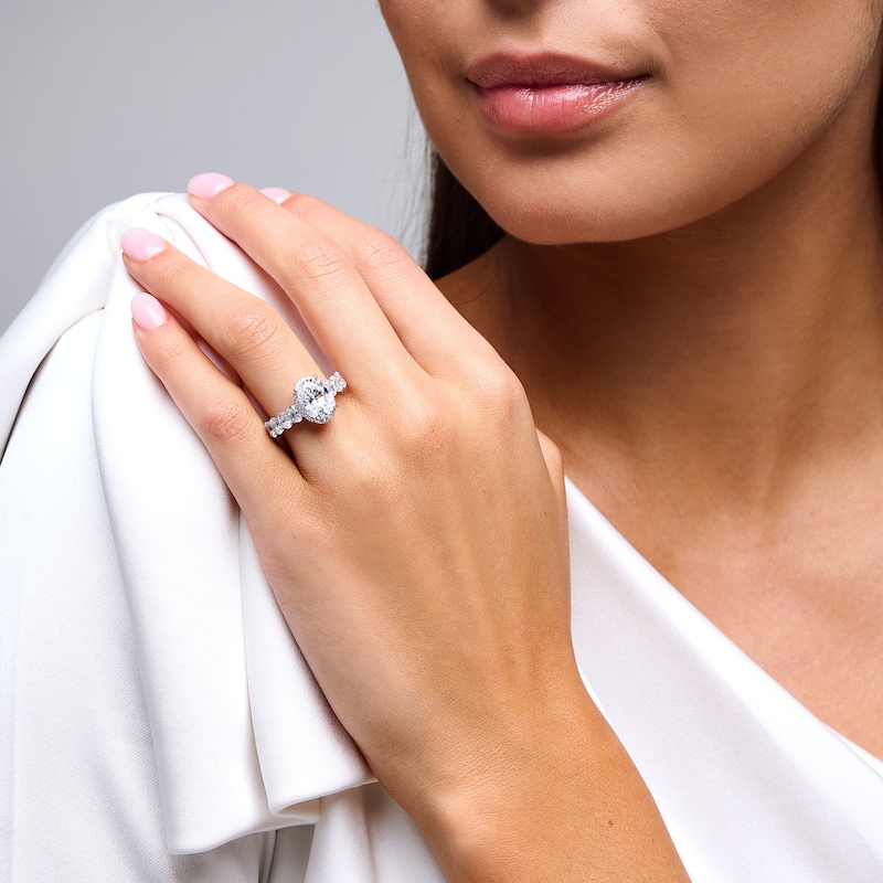 Main Image 2 of 3-1/4 CT. T.W. Oval Certified Lab-Grown Diamond Frame Engagement Ring in 14K White Gold (F/VS2)