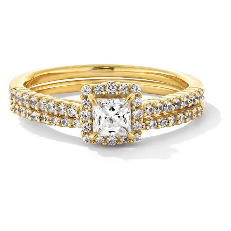 Main Image 1 of 3/4 CT. T.W. Princess-Cut Certified Lab-Grown Diamond Bridal Set in 14K Gold (F/VS2)