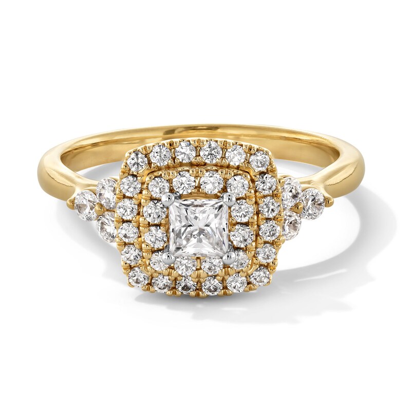 Main Image 1 of 7/8 CT. T.W. Princess-Cut Diamond Double Cushion Frame Engagement Ring in 14K Gold