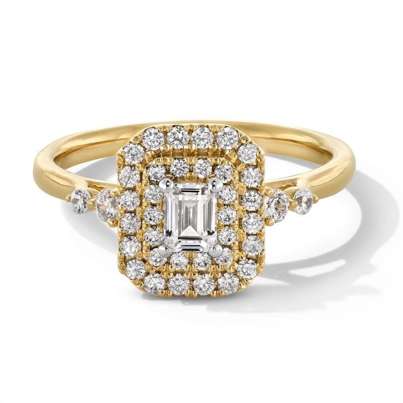 Main Image 1 of 5/8 CT. T.W. Emerald-Cut Diamond Double Octagon Frame Engagement Ring in 14K Gold