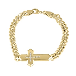 1/5 CT. T.W. Diamond Cross Plaque Miami Cuban Curb Chain Bracelet in 10K Gold - 8.5"