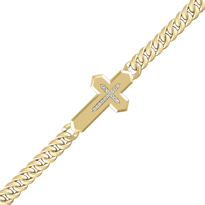 Main Image 2 of 1/5 CT. T.W. Diamond Cross Plaque Miami Cuban Curb Chain Bracelet in 10K Gold - 8.5"