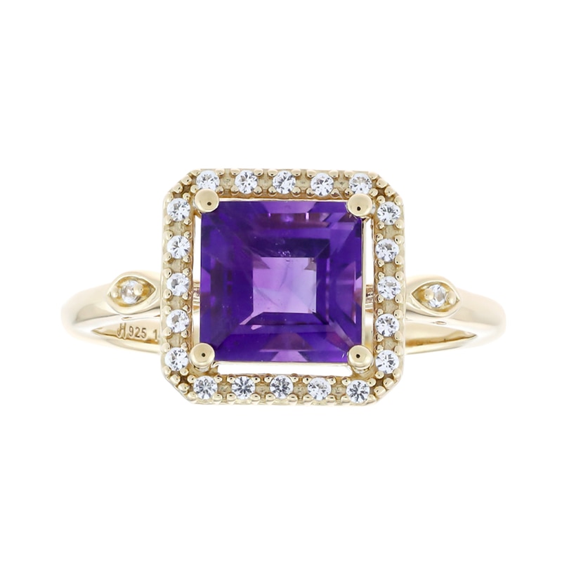 Main Image 1 of 7.0mm Princess-Cut Amethyst and White Lab-Created Sapphire Frame Ring in Sterling Silver with 14K Gold Plate
