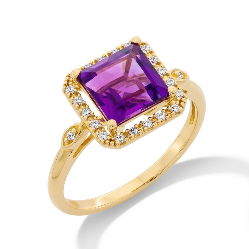 Main Image 3 of 7.0mm Princess-Cut Amethyst and White Lab-Created Sapphire Frame Ring in Sterling Silver with 14K Gold Plate