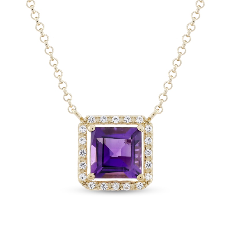 Main Image 1 of 7.0mm Princess-Cut Amethyst and White Lab-Created Sapphire Frame Necklace in Sterling Silver with 14K Gold Plate