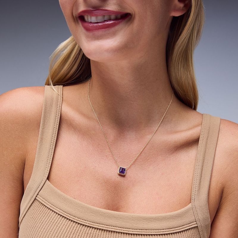 Main Image 2 of 7.0mm Princess-Cut Amethyst and White Lab-Created Sapphire Frame Necklace in Sterling Silver with 14K Gold Plate