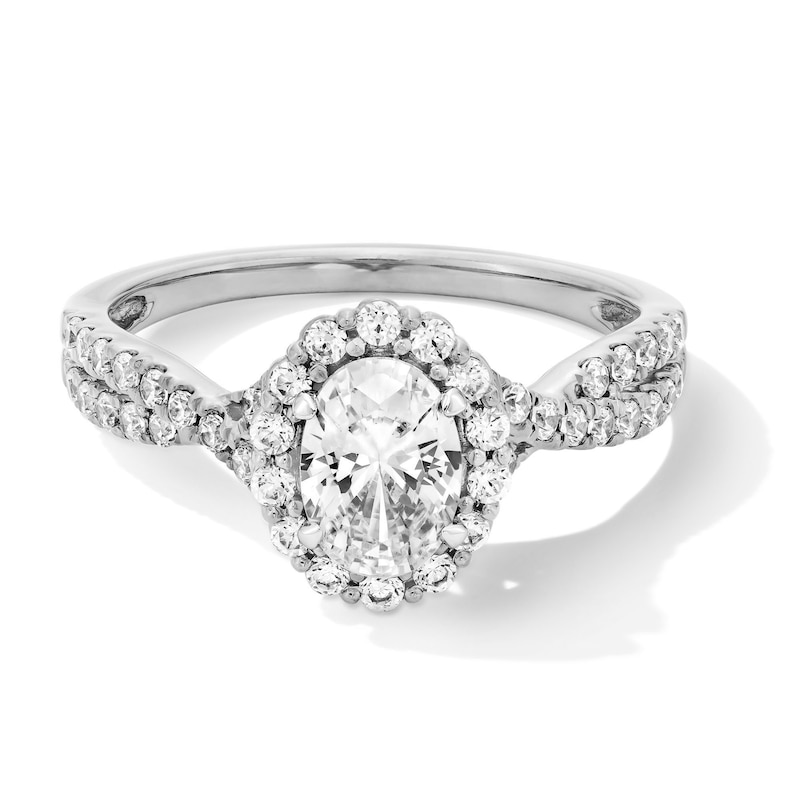 Main Image 1 of 1 CT. T.W. Oval Certified Lab-Grown Diamond Frame Engagement Ring with Crossover Shank in Platinum (F/SI2)