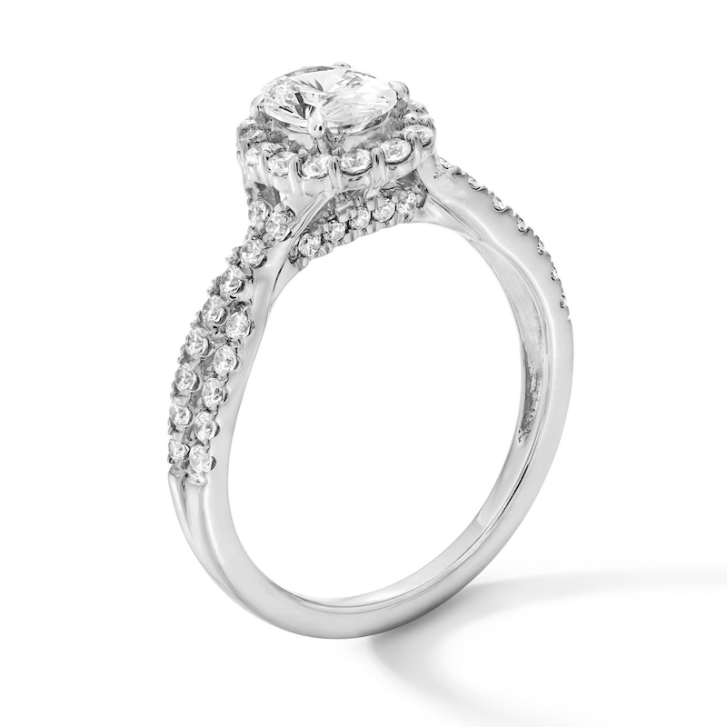 Main Image 2 of 1 CT. T.W. Oval Certified Lab-Grown Diamond Frame Engagement Ring with Crossover Shank in Platinum (F/SI2)