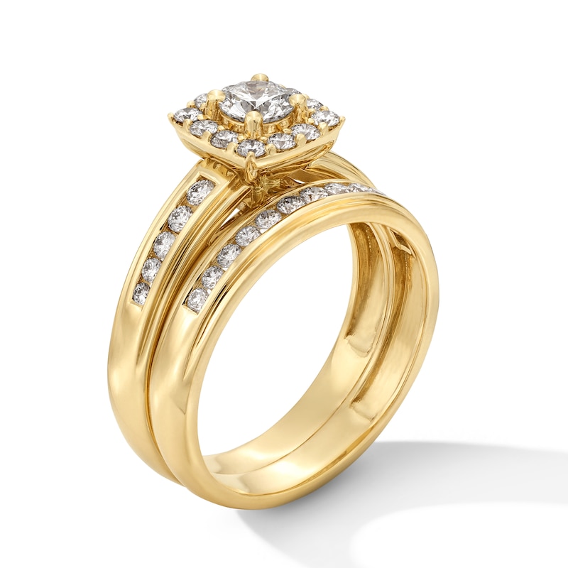 Main Image 2 of 1 CT. T.W. Certified Lab-Grown Diamond Cushion Frame Wedding Ensemble in 10K Gold (F/SI2)