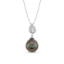10.0-11.0mm Oval Tahitian Cultured Pearl and 1/15 CT. T.W. Diamond Pendant in 14K White Gold