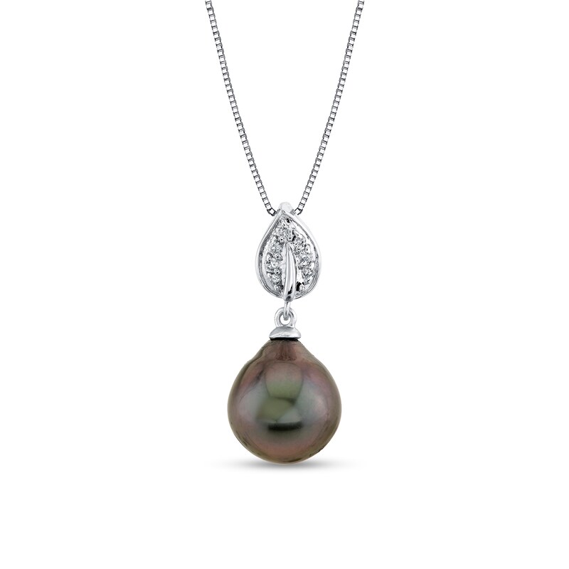 Main Image 1 of 10.0-11.0mm Oval Tahitian Cultured Pearl and 1/15 CT. T.W. Diamond Pendant in 14K White Gold
