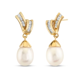 9.0-10.0mm Oval Freshwater Cultured Pearl and 1/3 CT. T.W. Diamond Drop Earrings in 14K Gold