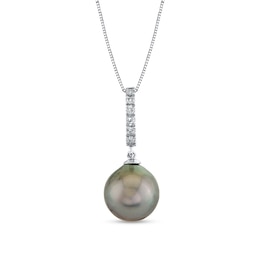 11.0-12.0mm Oval Tahitian Cultured Pearl and 1/8 CT. T.W. Diamond Pendant in 14K White Gold