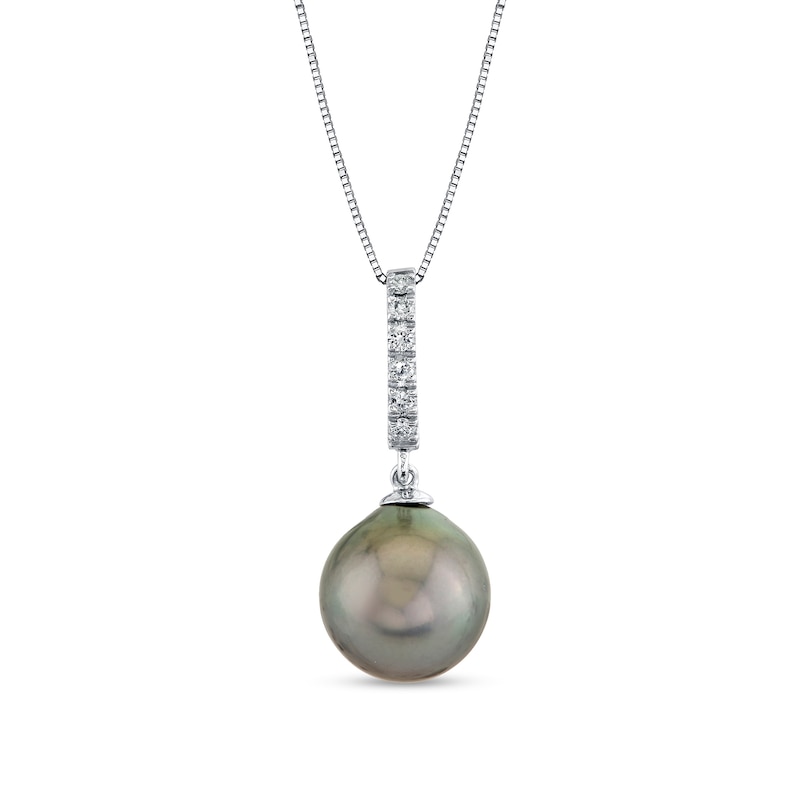 Main Image 1 of 11.0-12.0mm Oval Tahitian Cultured Pearl and 1/8 CT. T.W. Diamond Pendant in 14K White Gold
