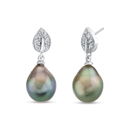 9.0-10.0mm Oval Tahitian Cultured Pearl and 1/8 CT. T.W. Diamond Stud Earrings in 14K White Gold