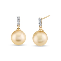 9.0-10.0mm Golden South Sea Cultured Pearl and 1/15 CT. T.W. Diamond Drop Earrings in 14K Gold