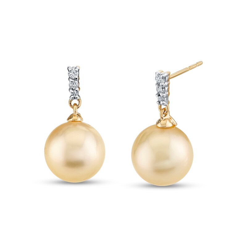 Main Image 1 of 9.0-10.0mm Golden South Sea Cultured Pearl and 1/15 CT. T.W. Diamond Drop Earrings in 14K Gold