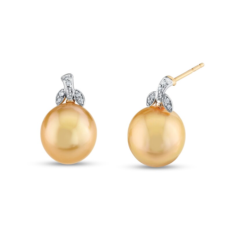 Main Image 1 of 10.0-11.0mm Golden South Sea Cultured Pearl and 1/20 CT. T.W. Diamond Earrings in 10K Gold