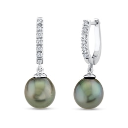 9.0-10.0mm Oval Tahitian Cultured Pearl and 1/5 CT. T.W. Diamond Hoop Drop Earrings in 14K White Gold