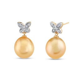 9.0-10.0mm Golden South Sea Cultured Pearl and 1/10 CT. T.W. Diamond Butterfly Drop Earrings in 14K Gold