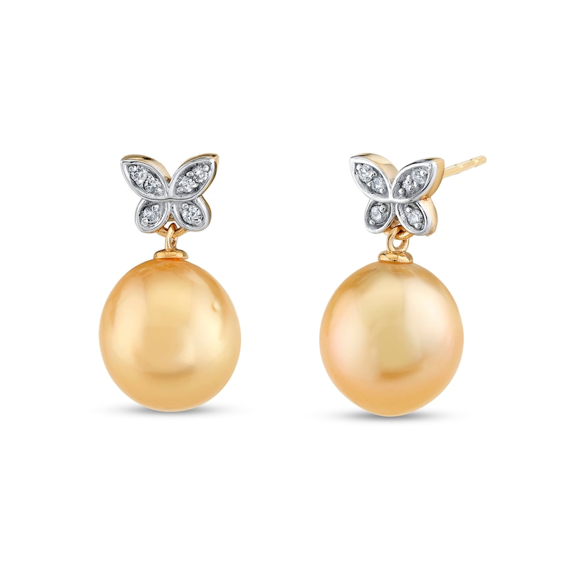 Main Image 1 of 9.0-10.0mm Golden South Sea Cultured Pearl and 1/10 CT. T.W. Diamond Butterfly Drop Earrings in 14K Gold