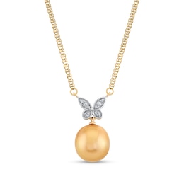11.0-12.0mm Golden South Sea Cultured Pearl and 1/20 CT. T.W. Diamond Butterfly Drop Necklace in 14K Gold - 16"