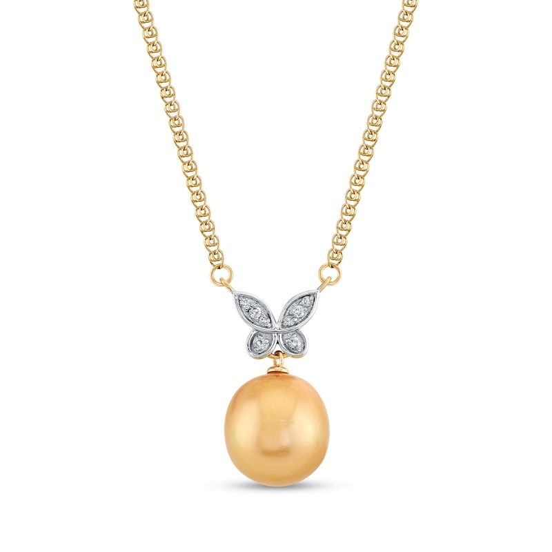 Main Image 1 of 11.0-12.0mm Golden South Sea Cultured Pearl and 1/20 CT. T.W. Diamond Butterfly Drop Necklace in 14K Gold - 16"