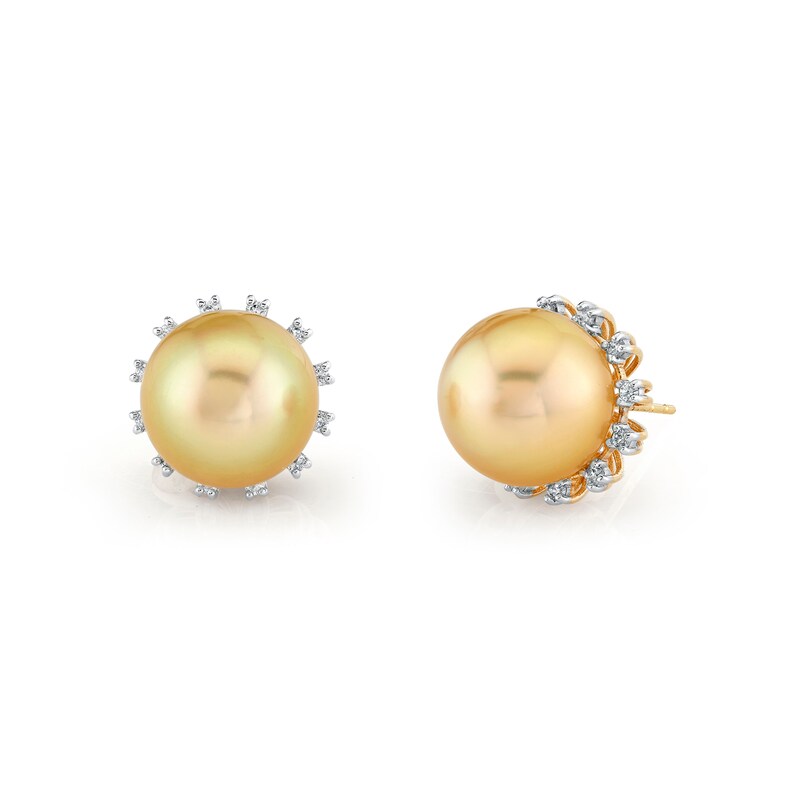 Main Image 1 of 10.0-11.0mm South Sea Cultured Pearl and 1/4 CT. T.W. Diamond Stud Earrings in 10K Gold
