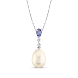 8.0-9.0mm Oval Freshwater Cultured Pearl and Pear-Shaped Tanzanite with Diamond Accent Pendant in 14K White Gold