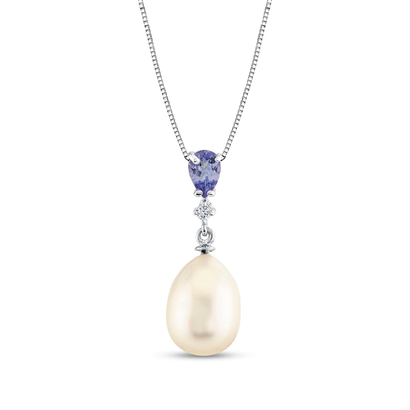 Main Image 1 of 8.0-9.0mm Oval Freshwater Cultured Pearl and Pear-Shaped Tanzanite with Diamond Accent Pendant in 14K White Gold