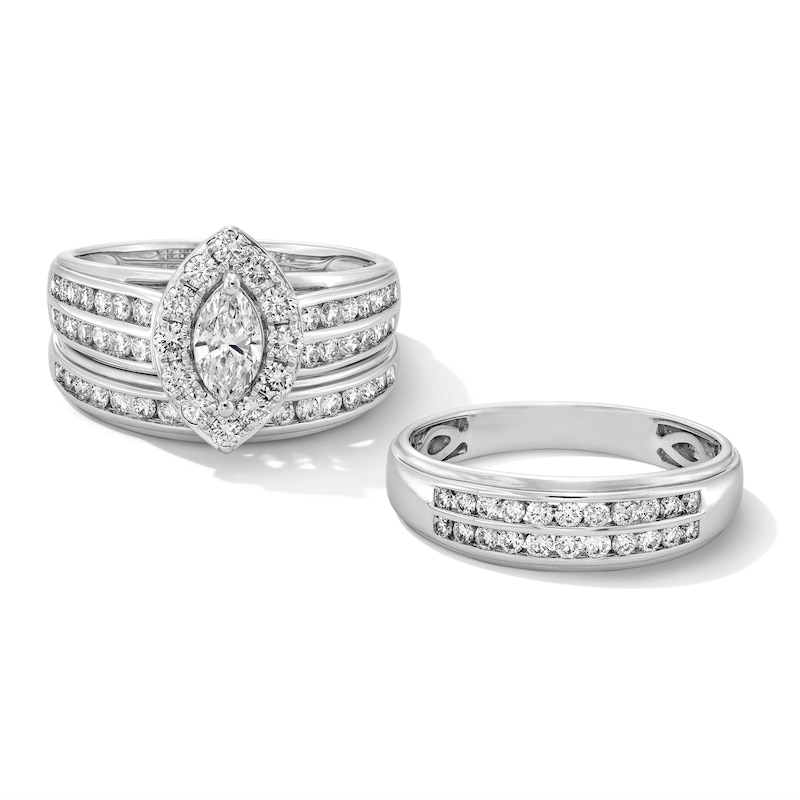 Main Image 1 of 1-1/2 CT. T.W. Marquise-Cut Certified Lab-Grown Diamond Wedding Ensemble in 10K White Gold (F/SI2)