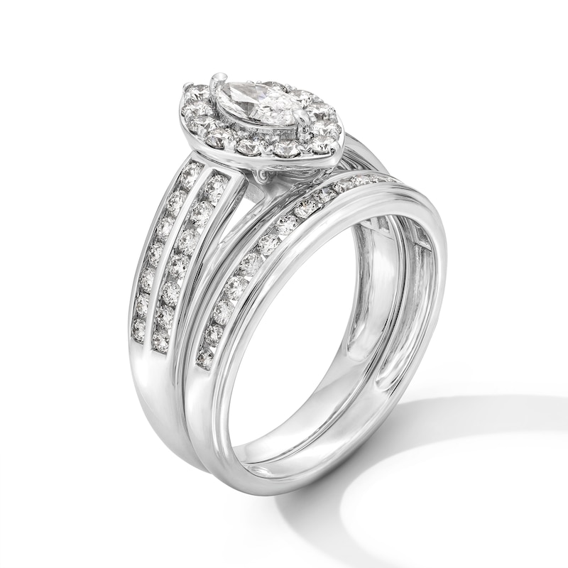 Main Image 3 of 1-1/2 CT. T.W. Marquise-Cut Certified Lab-Grown Diamond Wedding Ensemble in 10K White Gold (F/SI2)