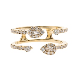 1/2 CT. T.W. Baguette and Round-Cut Diamond Teardrop Frame Open Ring in 10K Gold