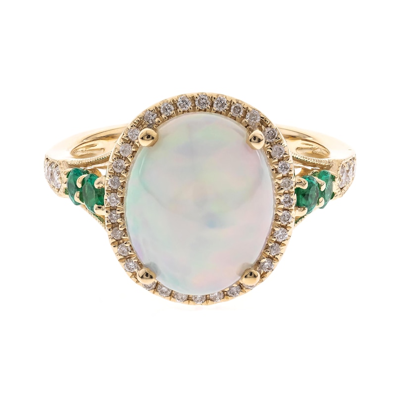 Main Image 1 of Oval Opal, Emerald and 1/4 CT. T.W. Diamond Ring in 14K Gold