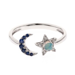 Opal, Blue Sapphire and 1/20 CT. T.W. Diamond Moon and Star Ring in 10K White Gold