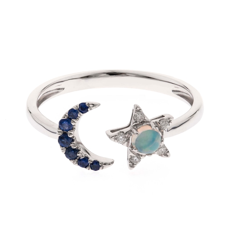 Main Image 1 of Opal, Blue Sapphire and 1/20 CT. T.W. Diamond Moon and Star Ring in 10K White Gold