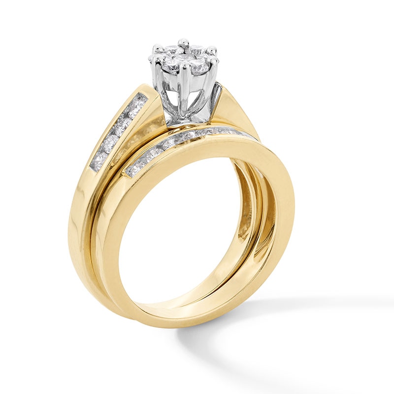 Main Image 3 of Previously Owned - 1 CT. T.W.  Multi-Diamond Flower Soldered Bridal Set in 10K Gold