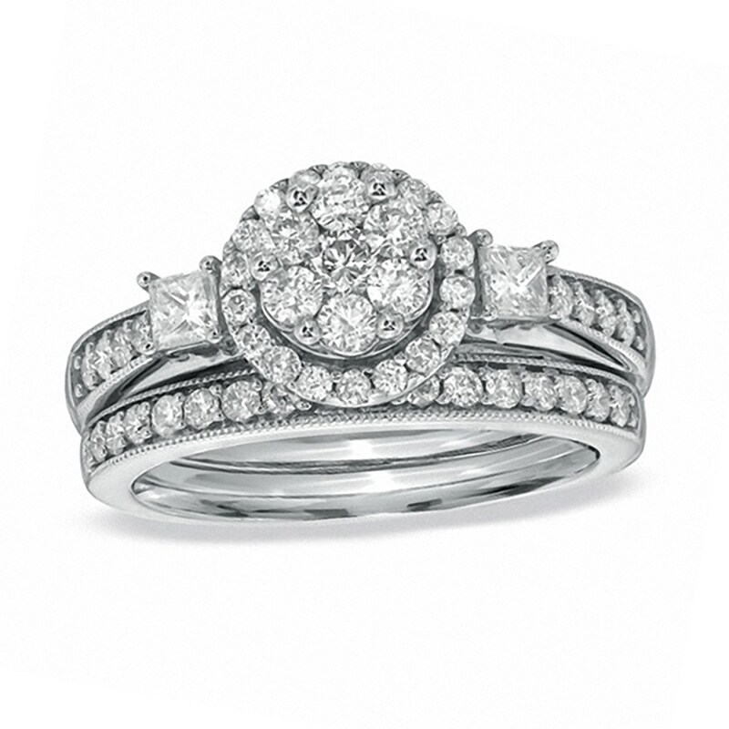 Main Image 1 of Previously Owned - 1 CT. T.W. Round and Princess-Cut Diamond Flower Soldered Bridal Set in 10K White Gold