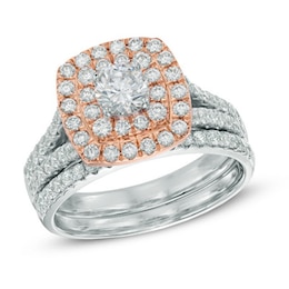 Previously Owned - 1-1/2 CT. T.W. Canadian Diamond Double Frame Soldered Bridal Set in 14K Two-Tone Gold